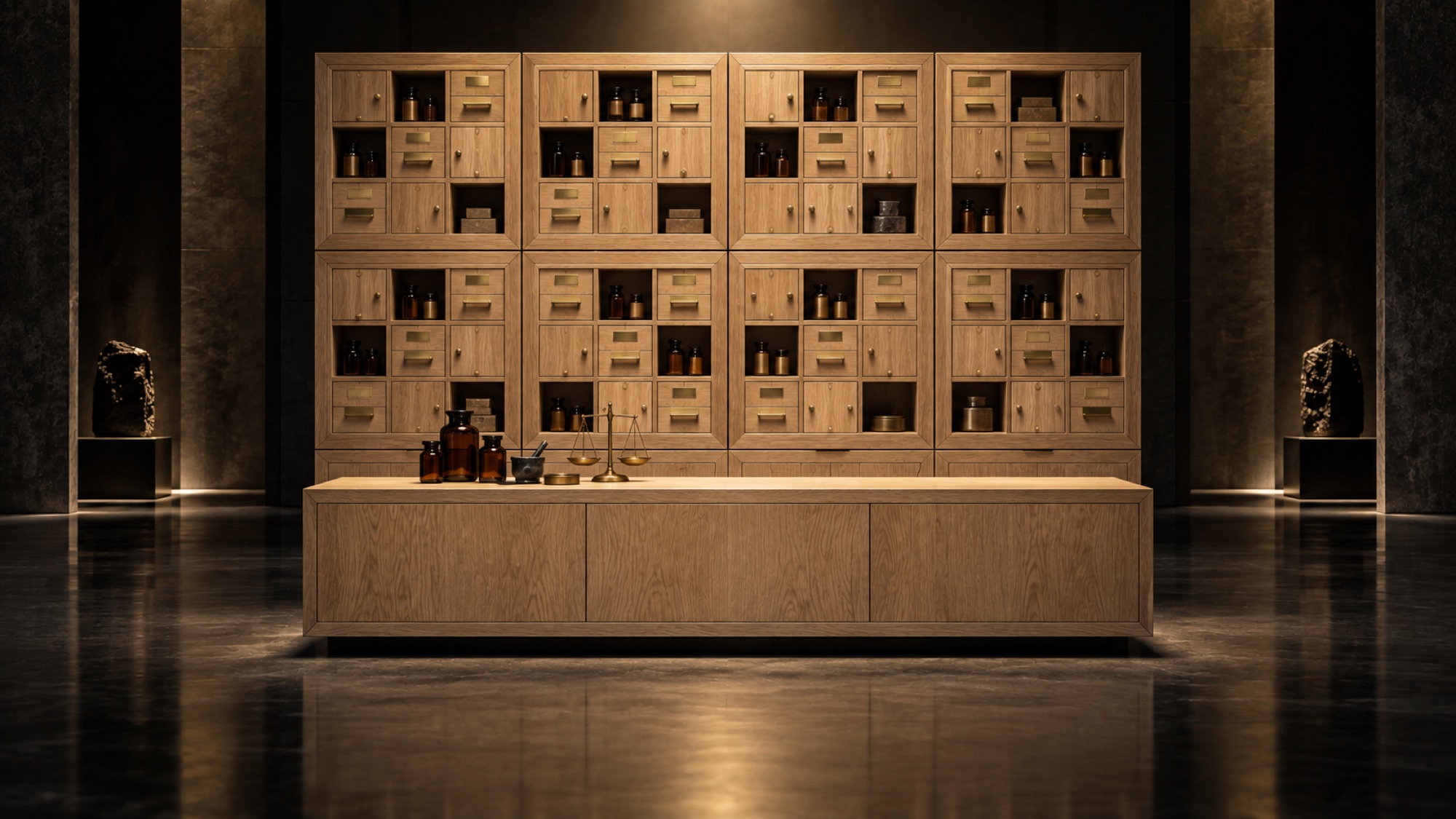 An apothecary wall with brass-labelled drawers