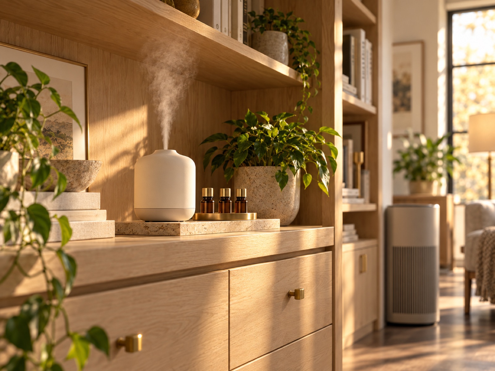 A minimal ivory diffuser releasing a soft plume of mist beside amber essential-oil bottles on an oak shelf, an air purifier behind in the sunlight