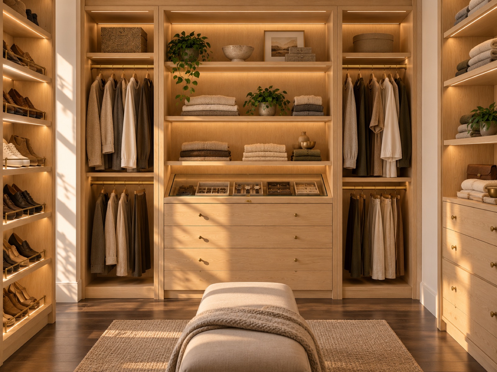 A lit white oak walk-in closet with hanging bays, folded shelves and a jewellery drawer