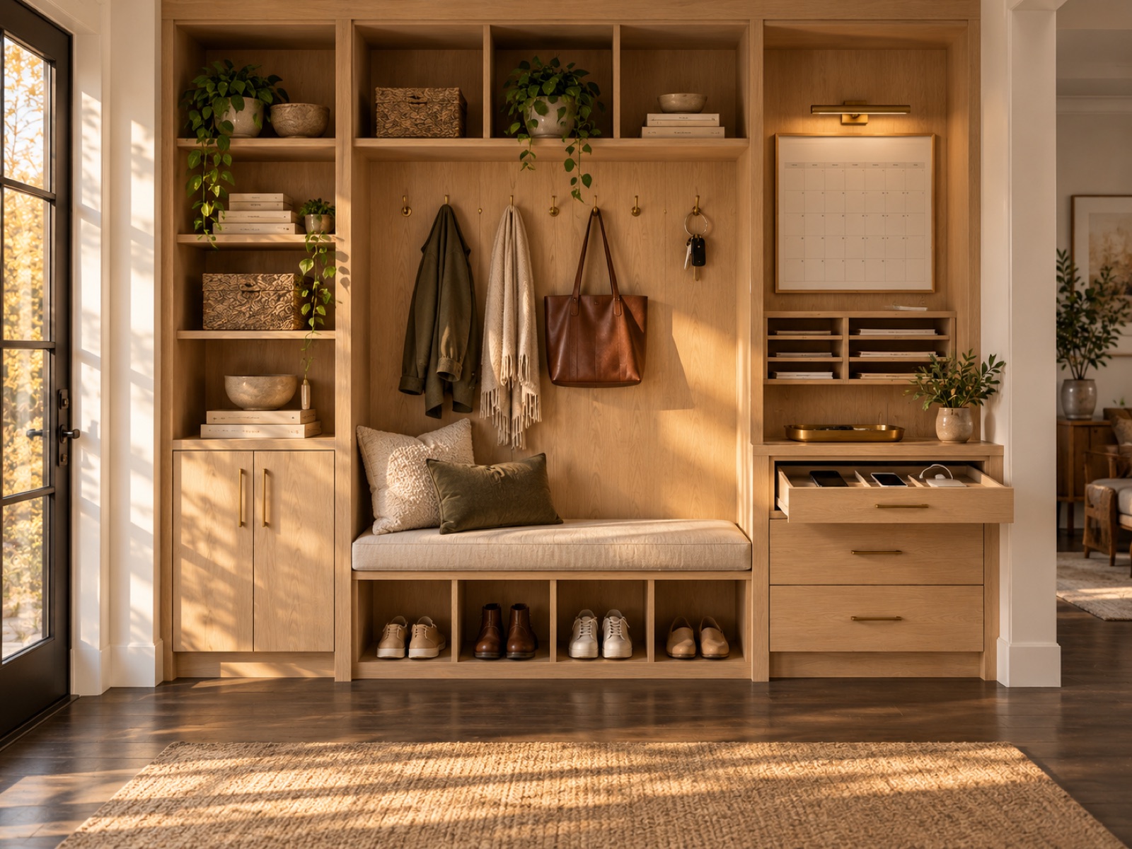 An oak entry wall with a bench, shoe cubbies, coat hooks, a mail sorter and a wall planner