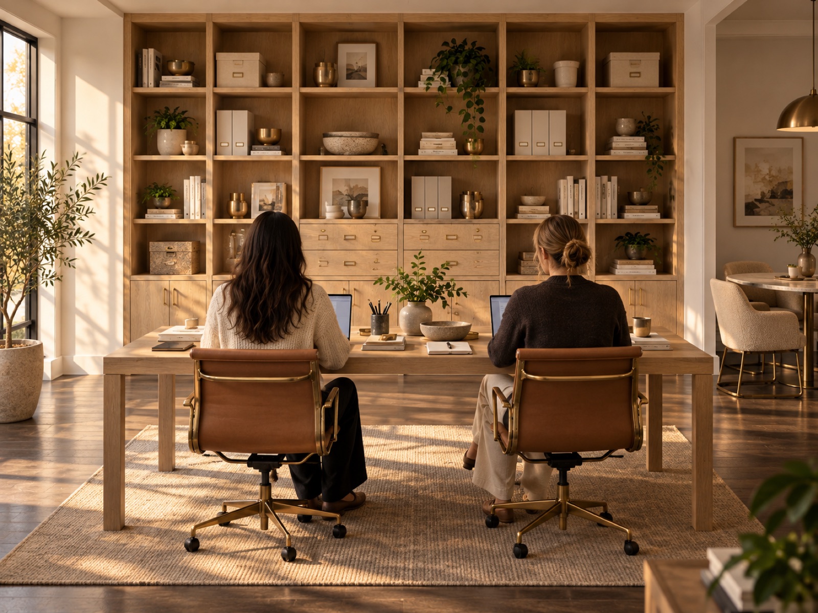 A team at an oak table before an oak storage wall