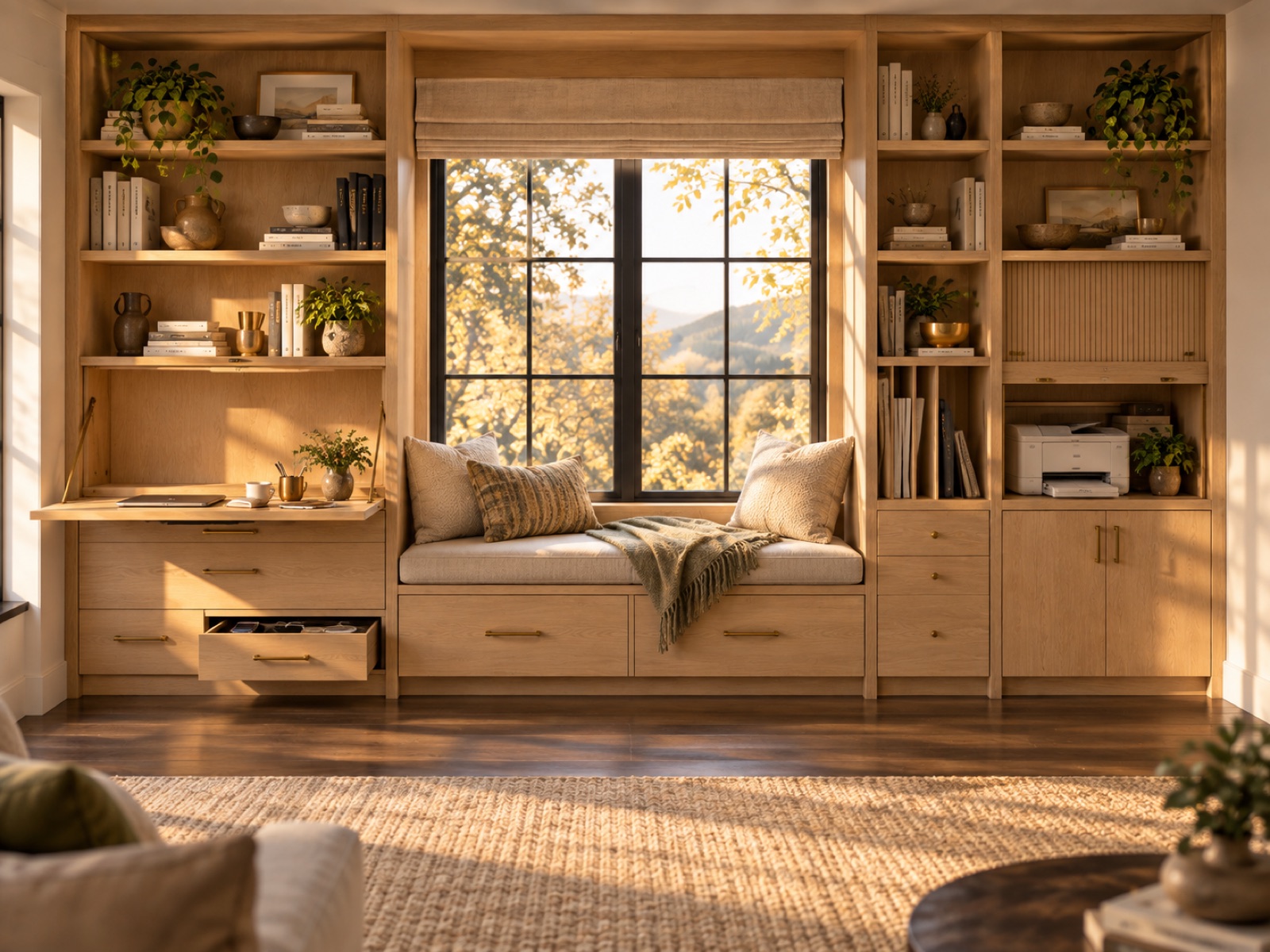 A made-to-measure oak wall with a fold-down desk, window seat and hidden printer cabinet