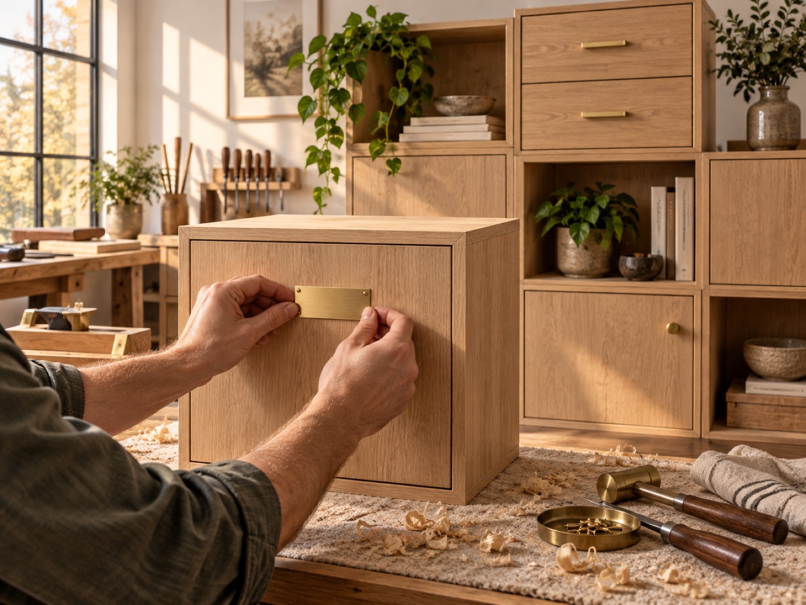 Hands fitting a brass plate to an oak CUBE