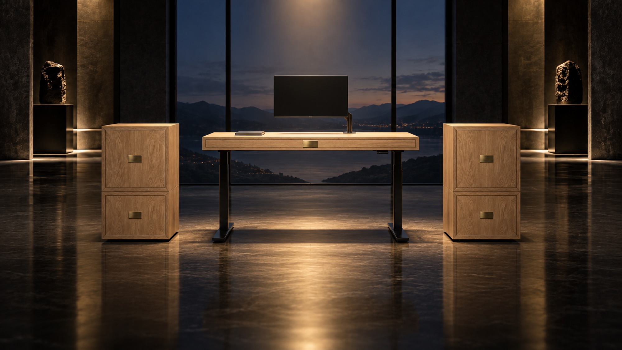 A white oak standing desk between two oak CUBE towers in front of a dusk window