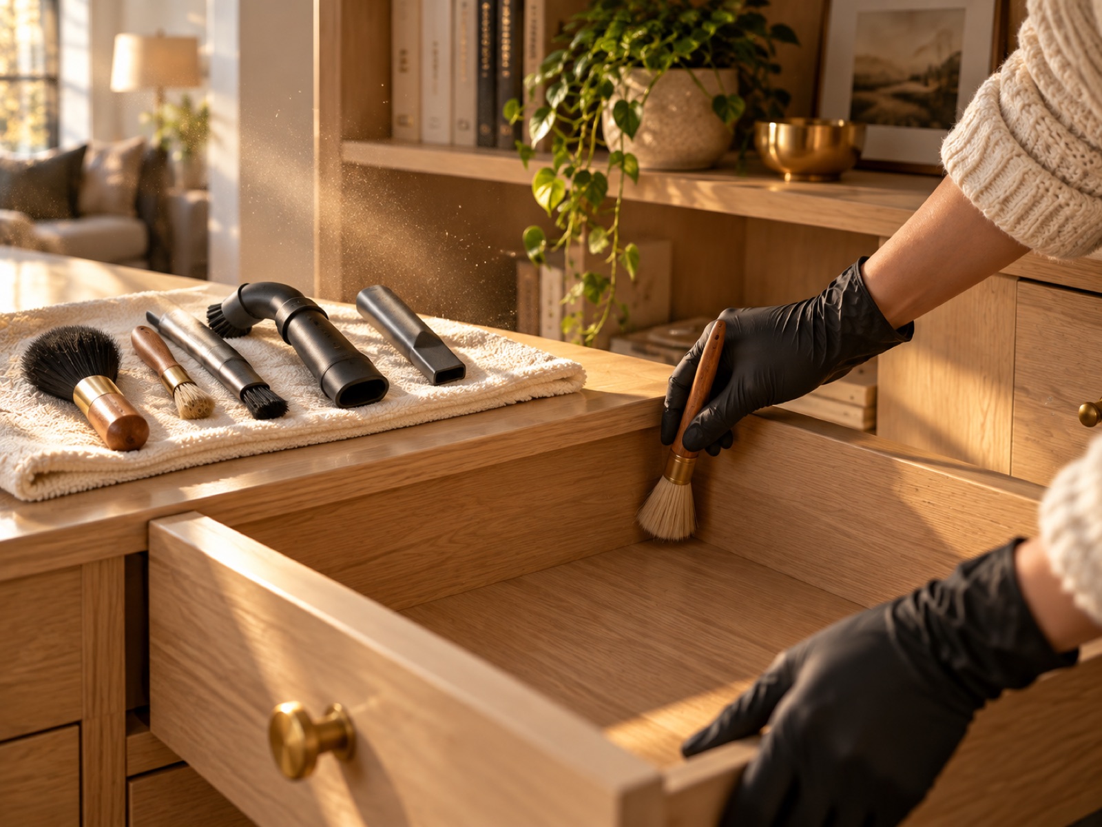 Black-gloved hands detailing the inside corner of an emptied white oak drawer with a fine brush, detailing tools laid out on a cloth