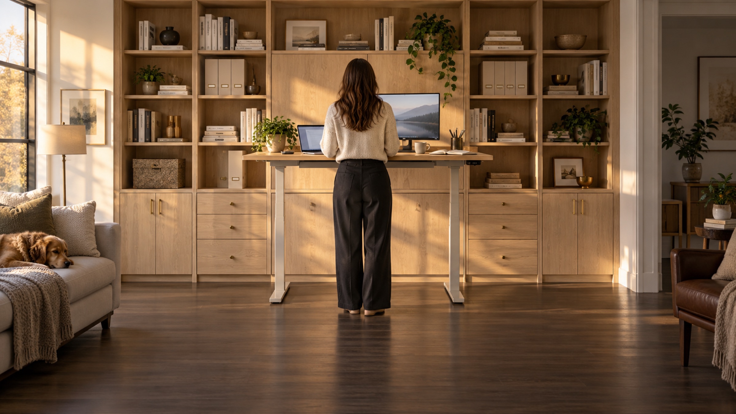 A woman working at a raised oak standing desk inside a wall of oak storage