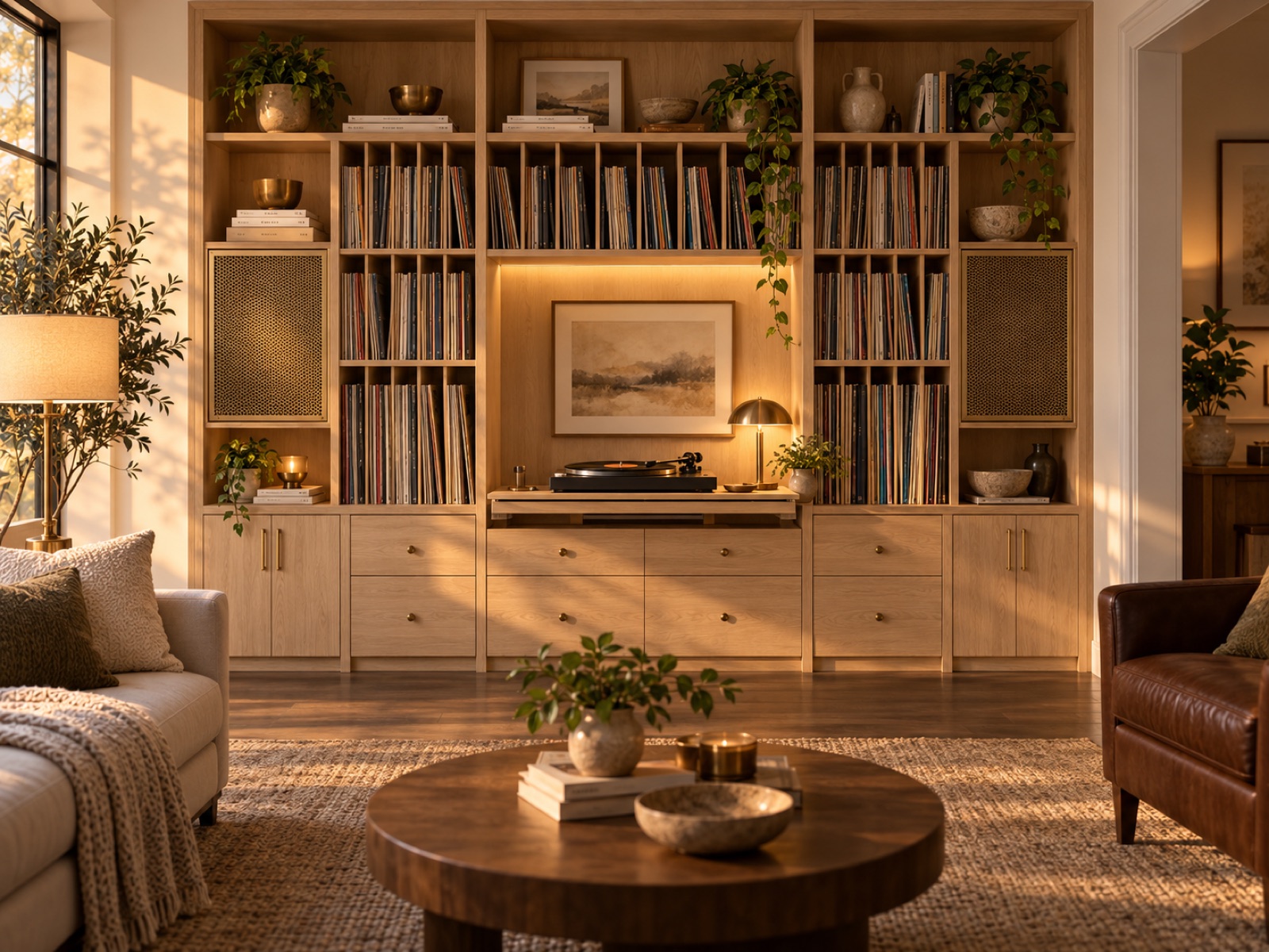 An oak media wall of records, two speaker grilles and a lit turntable shelf