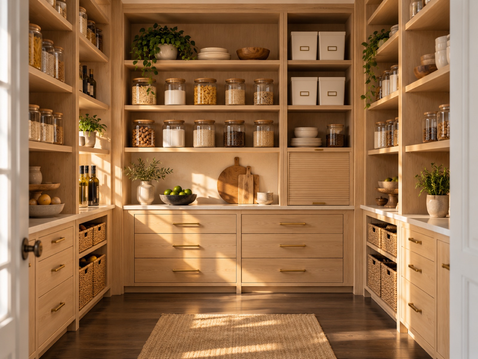 A white oak walk-in pantry with labelled glass jars, drawers and baskets