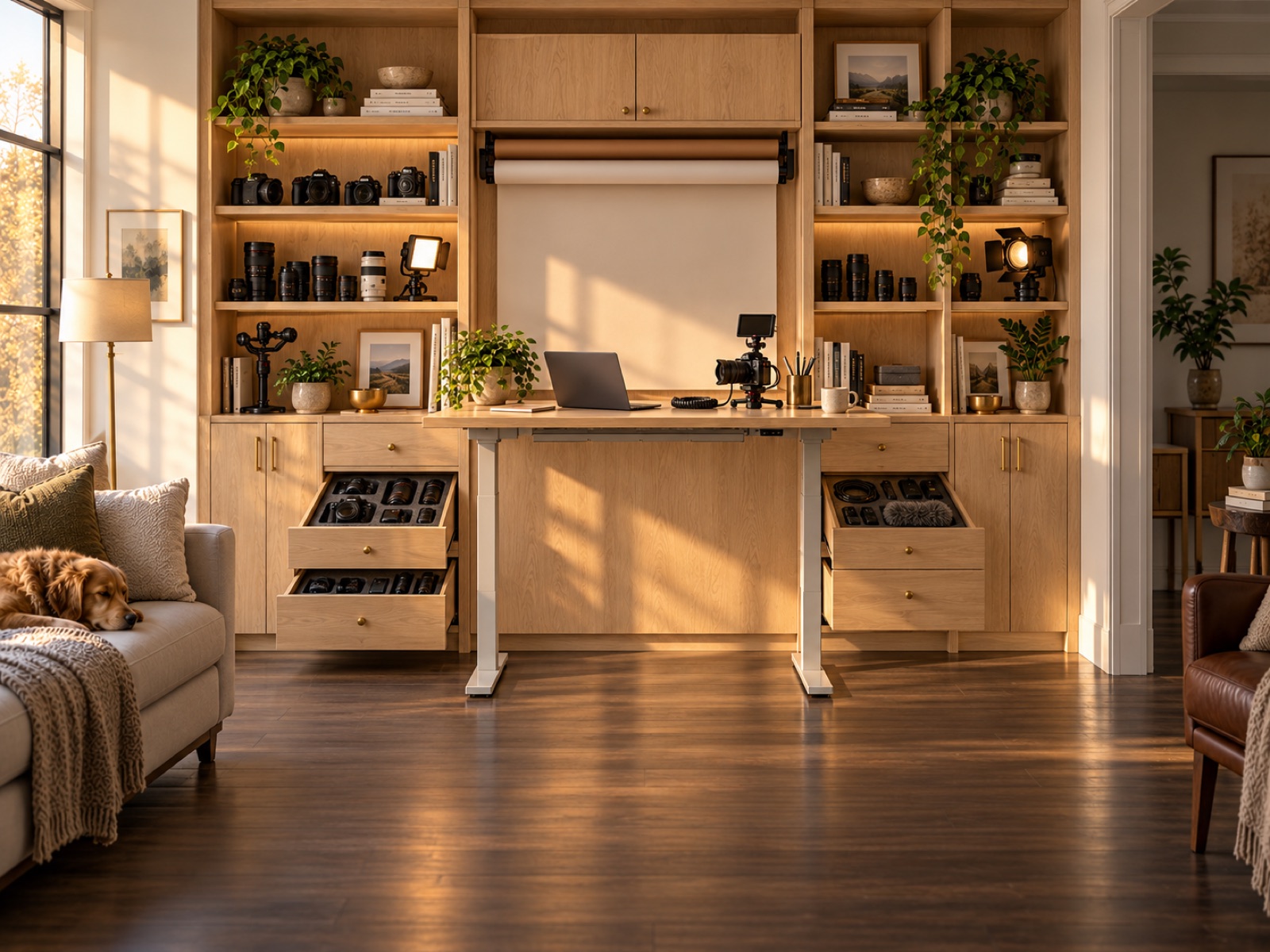 An oak studio wall with a paper backdrop, camera gear in lit cubbies and drawers, and a sit–stand desk
