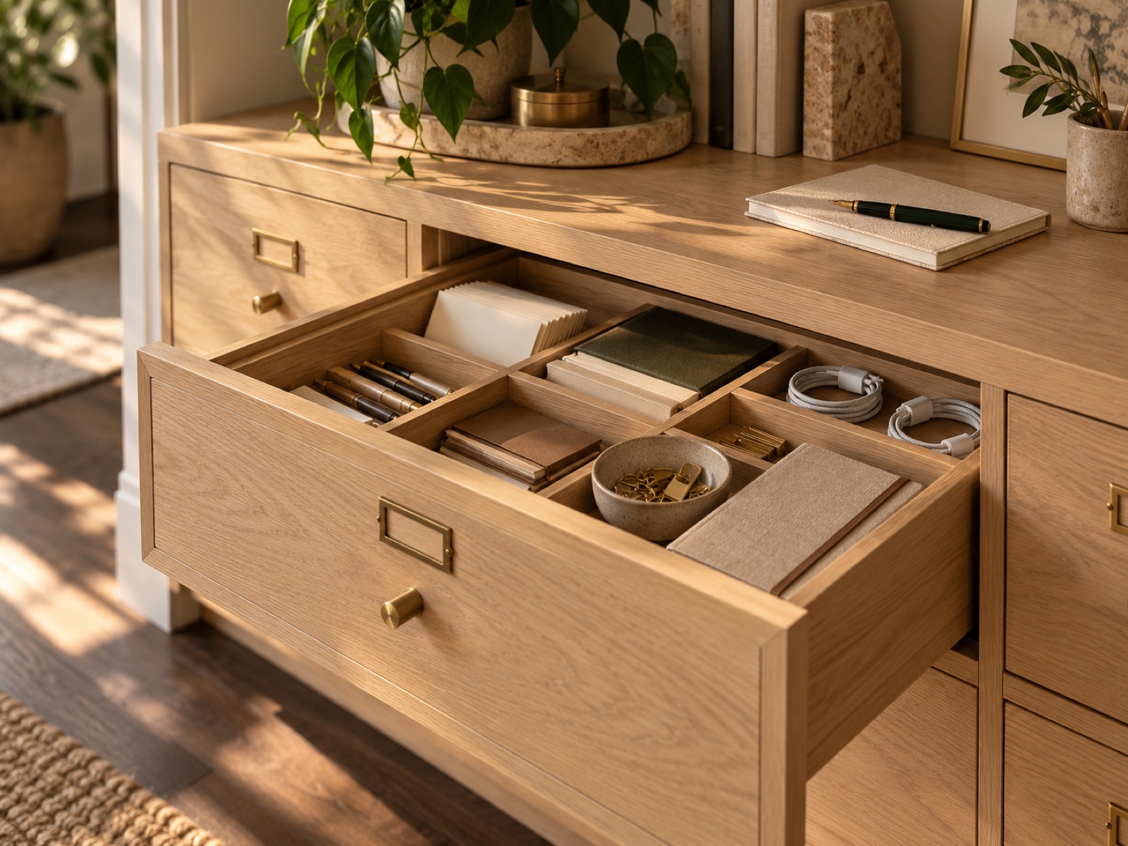 An open oak drawer with fitted dividers, brass label holders, pens, notebooks and cables each in its own place