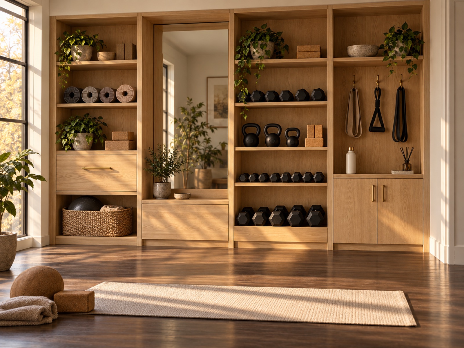 An oak wellness wall holding weights, mats and bands around a tall mirror