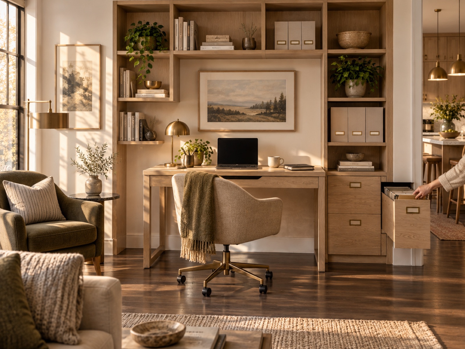 A home office nook with oak storage